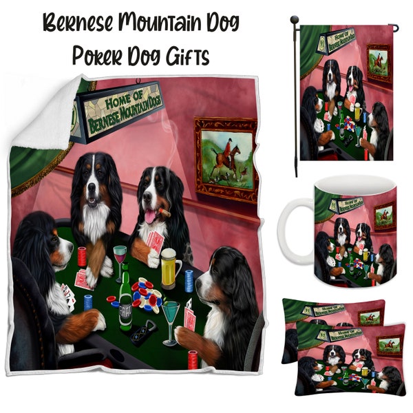 Bernese Mountain Poker Dog Floormat, Garden Flag, Gambler Canvas, Puppy Blanket, Gift for Pet Lovers, Dad Casino Gift, Mom Pet Coffee Mug