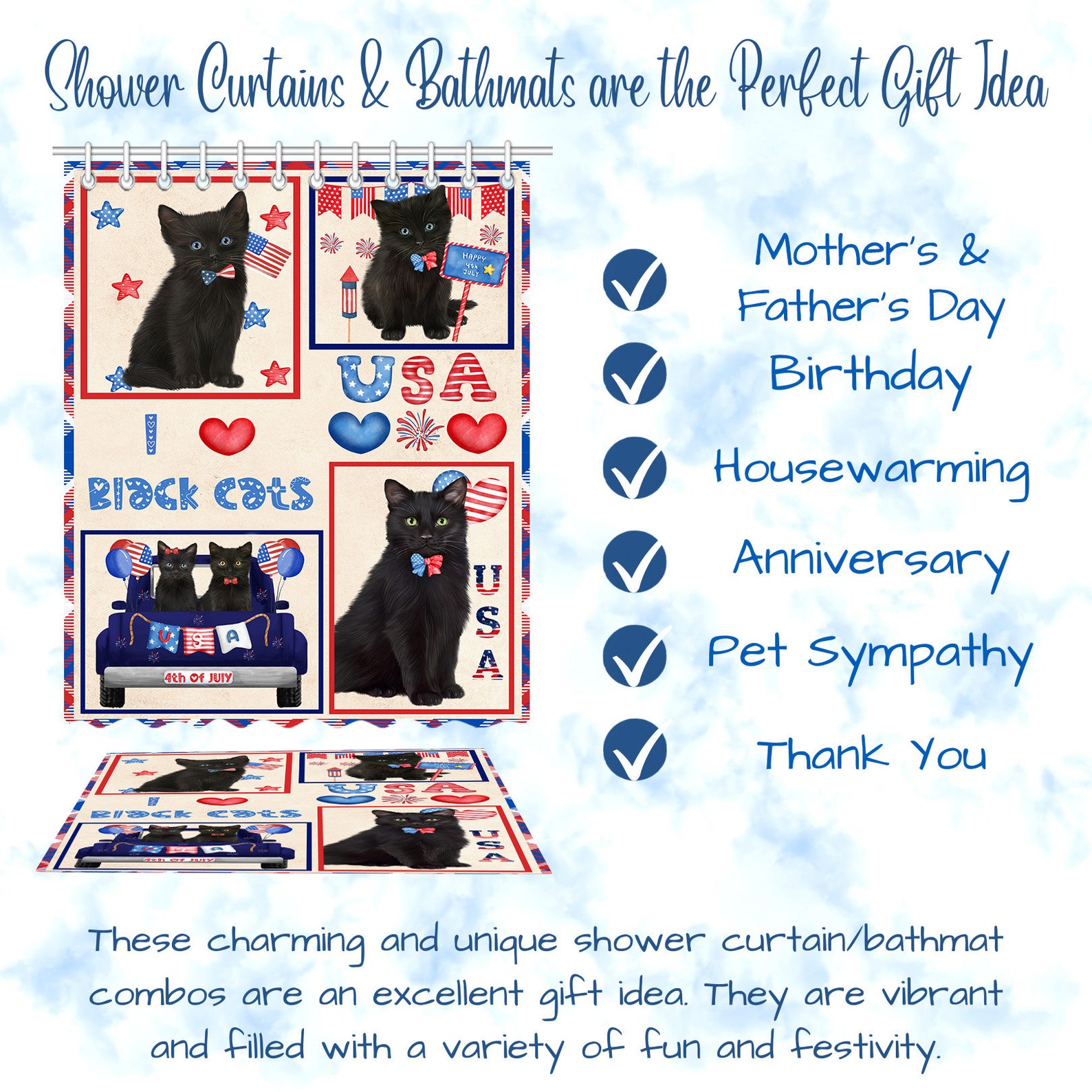 Black Cat Shower Curtain & Bath Mat Combo Pet Painting image 6
