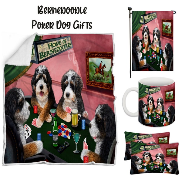 Bernedoodle Poker Dog Floormat, Garden Flag, Gambler Canvas, Puppy Blanket, Gift for Pet Lovers, Dad Casino Gift, Mom Pet Coffee Mug