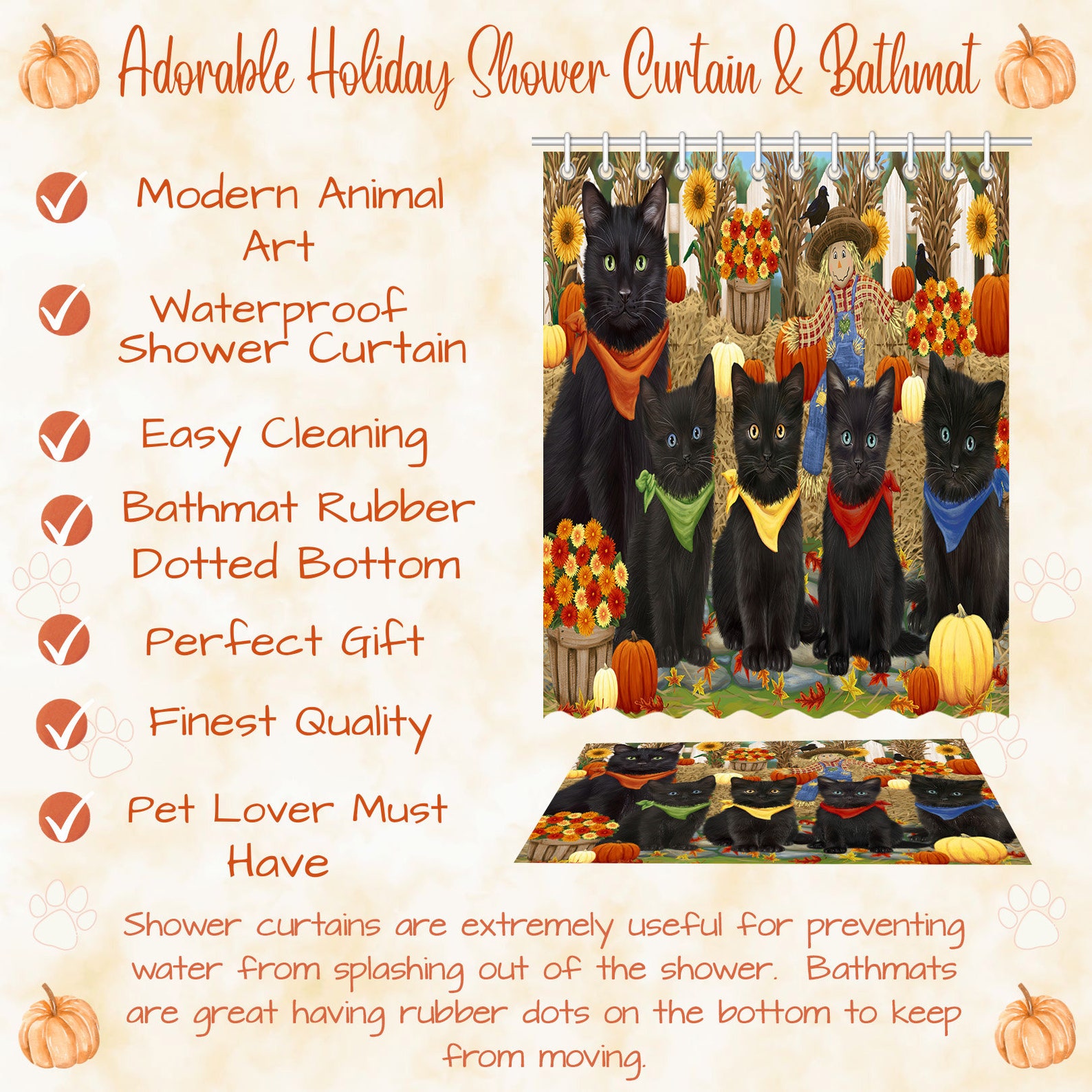 Black Cat Shower Curtain & Bath Mat Combo Pet Painting image 4