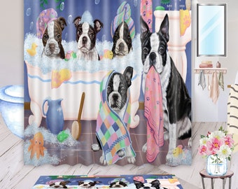 Boston Terrier Dog Shower Curtain & Bath Mat Set, Custom Pet Art, Waterproof, Personalized Dog Painting Set, Unique Art, Dog Sympathy Gift