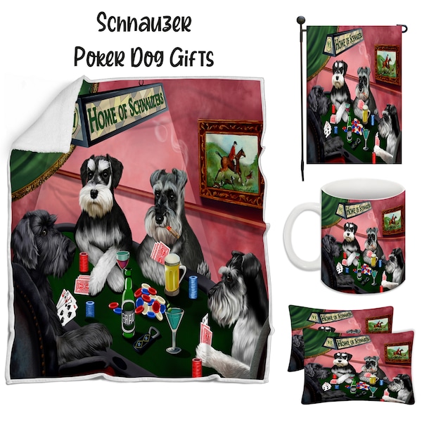 Schnauzer Poker Dog Floormat, Garden Flag, Gambler Canvas, Puppy Blanket, Gift for Pet Lovers, Dad Casino Gift, Mom Pet Coffee Mug