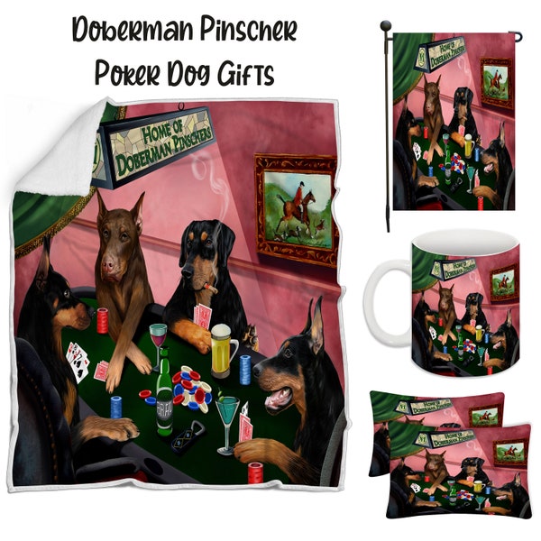 Doberman Pinscher Poker Dog Floormat, Garden Flag, Gambler Canvas, Puppy Blanket, Gift for Pet Lovers, Dad Casino Gift, Mom Pet Coffee Mug