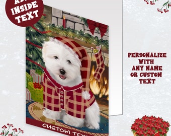 May include: A greeting card featuring a white dog wearing a red and tan plaid pajama set and matching nightcap. The dog sits before a fireplace with a stocking, gifts, and a garland. The card includes the text ADD INSIDE TEXT and CUSTOM TEXT.