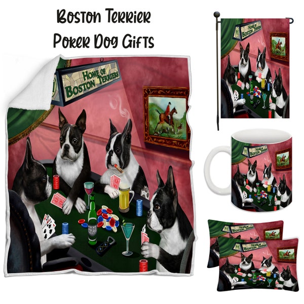 Boston Terrier Poker Dog Floormat, Garden Flag, Gambler Canvas, Puppy Blanket, Gift for Pet Lovers, Dad Casino Gift, Mom Pet Coffee Mug