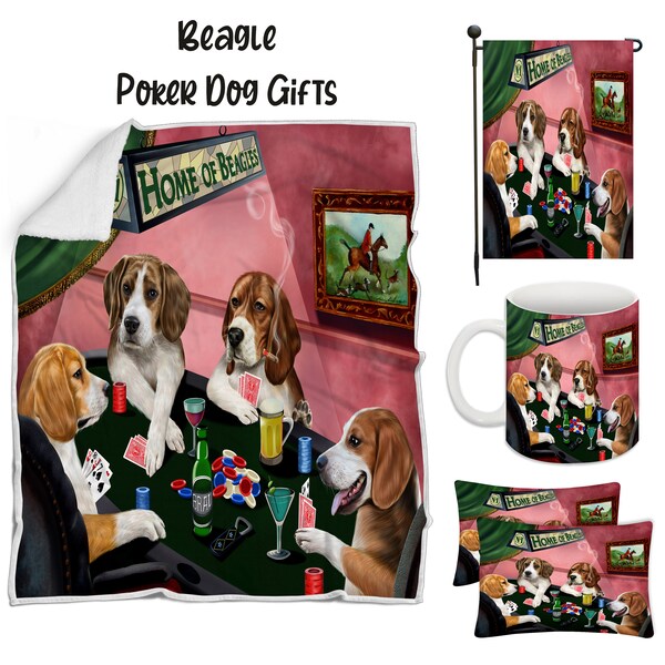 Beagle Poker Dog Floormat, Garden Flag, Gambler Canvas, Puppy Blanket, Gift for Pet Lovers, Dad Casino Gift, Mom Pet Coffee Mug