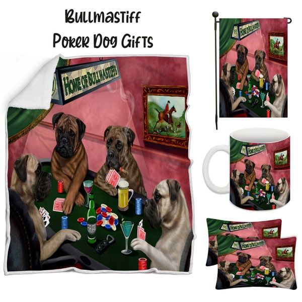 Bullmastiff Poker Dog Floormat, Garden Flag, Gambler Canvas, Puppy Blanket, Gift for Pet Lovers, Dad Casino Gift, Mom Pet Coffee Mug