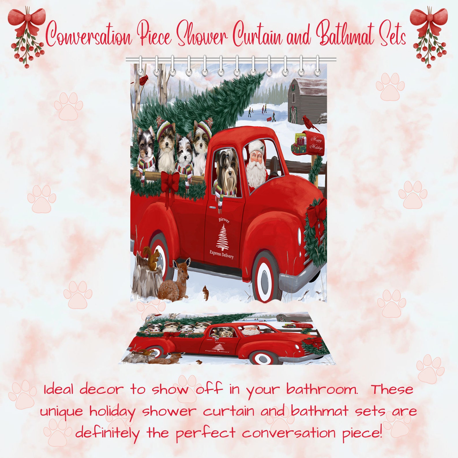 Biewer Terrier Dog Shower Curtain & Bath Mat Combo Pet Painting image 6