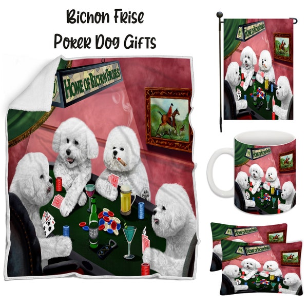 Bichon Frise Poker Dog Floormat, Garden Flag, Gambler Canvas, Puppy Blanket, Gift for Pet Lovers, Dad Casino Gift, Mom Pet Coffee Mug