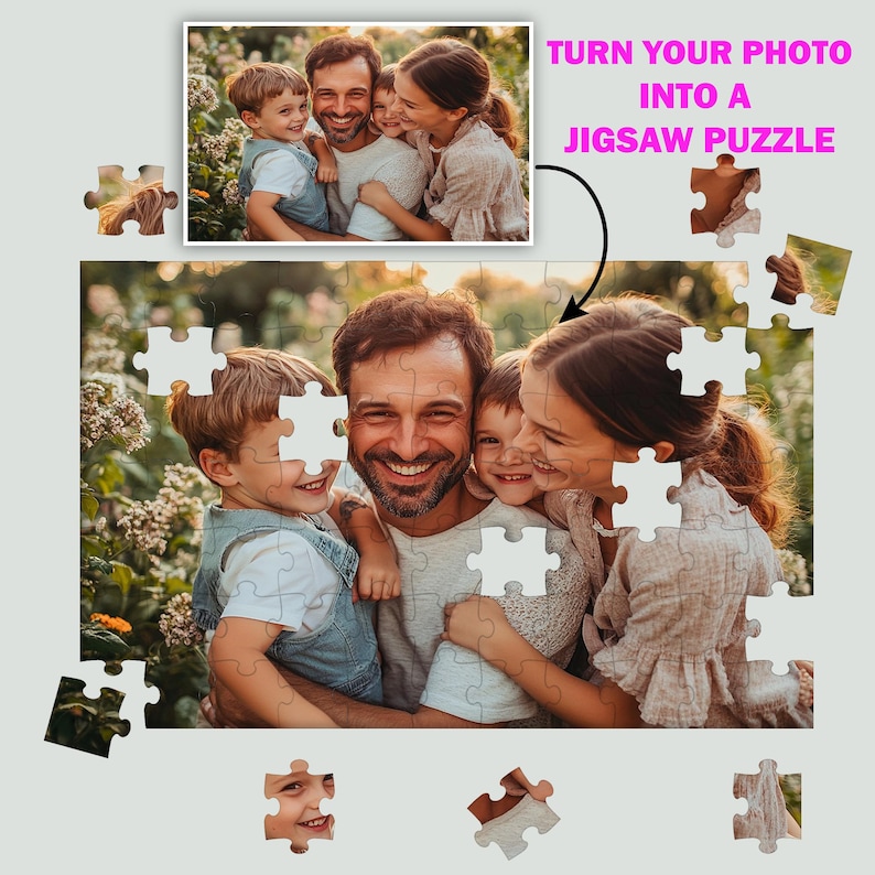 Puede incluir: Un rompecabezas con un retrato familiar. La imagen muestra a una familia sonriente de cinco personas. El texto "TURN YOUR PHOTO INTO A JIGSAW PUZZLE" est&aacute; en rosa. Varias piezas del rompecabezas est&aacute;n dispersas.