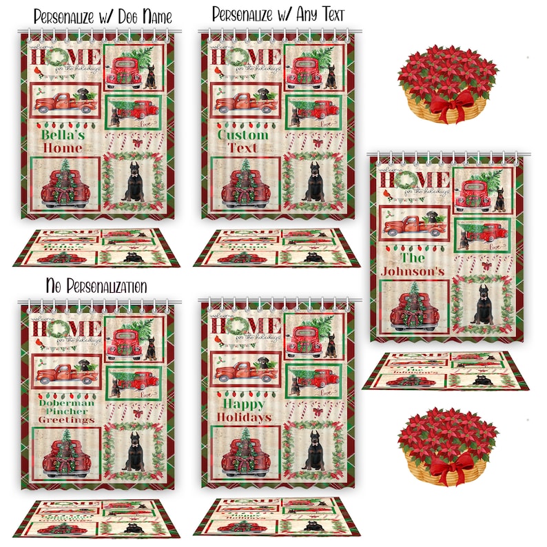 Doberman Dog Bath Mat & Shower Curtain Set Christmas Personalized Designs NWT - Picture 2 of 24