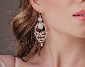 Boho chandelier earrings, Unique bridal earrings, Statement pearl earrings, Teardrop wedding earrings, Bohemian earrings, Long luxury