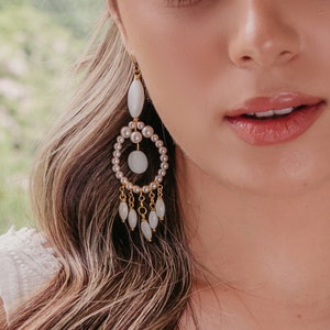 Statement chandelier earrings, Unique boho bridal earrings, Luxury pearl earrings, Gold wedding earrings, Bohemian earrings, dreamcatcher