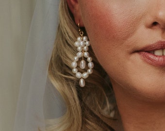 Chandelier bridal earrings, Freshwater pearl drop earrings, Luxury and unique earrings, Boho bridal accessory, Teardrop wedding earrings