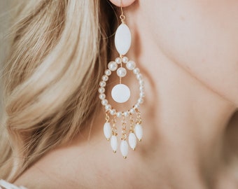 Boho Pearl Drop Earrings, Unique Bridal Earrings, Luxury Teardrop Earrings, Gold Wedding Earrings, Bohemian Bridal Jewelry, Dreamcatchers