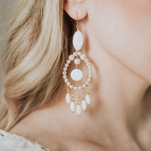 Pearl drop bridal earrings, Unique boho bridal earrings, Luxury pearl earrings, Gold wedding earrings, Bohemian earrings, Long teardrop image 1