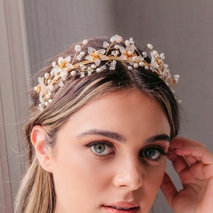 Gold wedding headband, Flower crown, Crystal and freshwater pearl, Boho bridal hair vine, Unique silver halo, Luxury hair accessory, Rustic image 3