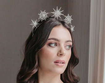 Celestial tiara with bold crystal stars, Luxury bridal crown, Starry nights jewellery, Star hairpiece for a bold bride, Beautiful star jewel