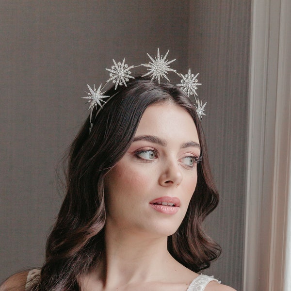 Celestial tiara with bold crystal stars, Luxury bridal crown, Starry nights jewellery, Star hairpiece for a bold bride, Beautiful star jewel