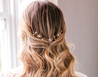 Copricapo da sposa con stelle, copricapo da sposa con stelle, sposa celeste d'oro, vite per capelli stella d'argento, pezzo di capelli da sposa stellato, Boho