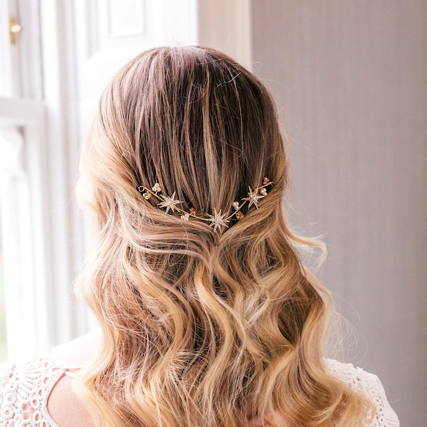 Wedding Headpiece With Stars, Bridal Headpiece With Stars, Gold Celestial bride, Silver star hair vine, Starry Wedding Hair piece, Boho