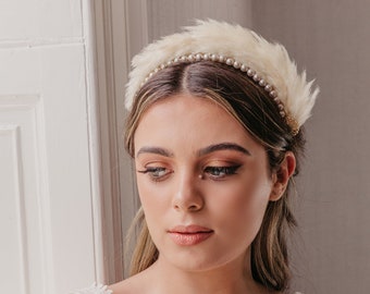 Unique vintage headband, Pearl art deco hair piece, Boho crown, Feather bridal accessories, 1920s tiara, Gatsby, Dried flower headpiece