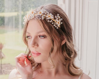 Gold wedding headband, Flower crown, Crystal and freshwater pearl, Boho bridal hair vine, Unique silver halo, Luxury hair accessory, Rustic