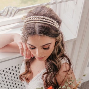 Pearl bridal headpiece, Bridal crown, Unique boho bride, Luxury simple hairpiece, Modern tiara, Romantic up do headband, Rustic elegant image 2