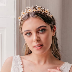 Gold wedding headband, Flower crown, Crystal and freshwater pearl, Boho bridal hair vine, Unique silver halo, Luxury hair accessory, Rustic image 2