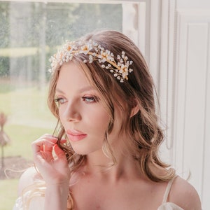 Gold wedding headband, Flower crown, Crystal and freshwater pearl, Boho bridal hair vine, Unique silver halo, Luxury hair accessory, Rustic image 1