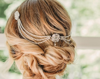 Cheveux de mariée gatsby, chaîne de cheveux de mariée, chaîne de cheveux de mariée, morceau de cheveux de mariée Gatsby, casque de mariée des années 1920, morceau de cheveux de mariée gatsby,