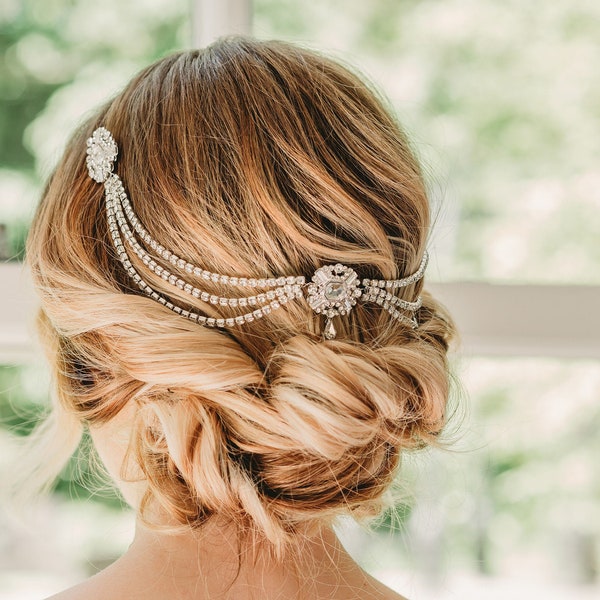 Cheveux de mariée gatsby, chaîne de cheveux de mariée, chaîne de cheveux de mariée, morceau de cheveux de mariée Gatsby, casque de mariée des années 1920, morceau de cheveux de mariée gatsby,