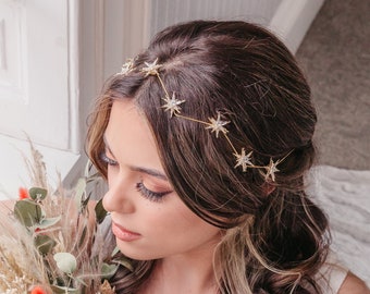 Braut-Haarranke mit Sternen, himmlischer Hochzeits-Kopfschmuck, Sternbild-Haarschmuck, silbernes Boho-Haarteil, Boho-Braut, Astrologie-Ranke