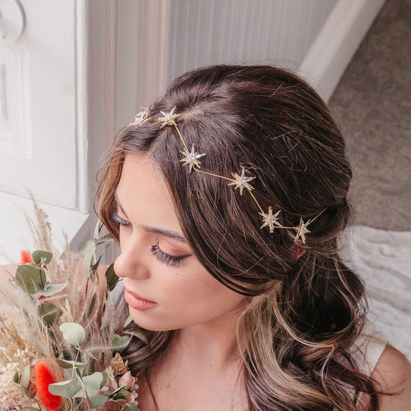 Bridal hair vine with stars, Celestial wedding headpiece, Constellation hair accessories, Silver boho hair piece, Boho bride, Astrology vine