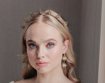 Gold star headpiece for a celestial wedding, Unique star earrings, Boho bride accessories, Space bride, Perfect bridal hair accessory