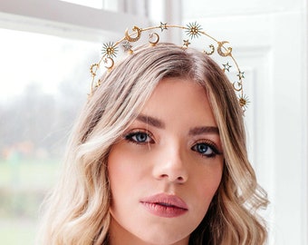 2 Diademe Corona Dea In Foglia Oro - Accessorio Capelli Bohémien Per Sposa, Feste E Foto - Foto 14