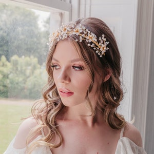 Gold wedding headband, Flower crown, Crystal and freshwater pearl, Boho bridal hair vine, Unique silver halo, Luxury hair accessory, Rustic image 4