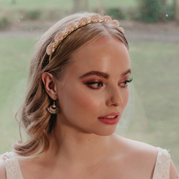 Vintage Bridal Tiara, Art Deco headpiece, Crystal wedding crown, Freshwater Pearl and crystal hairpiece, Unique 1920s halo, Gatsby headband