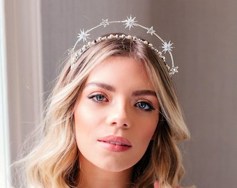 Celestial Wedding Crown, Bridal Hair accessory, Silver Halo, Boho Bridal Headpiece, Fairytale Wedding, Star Hair Piece For Bride, Bohemian