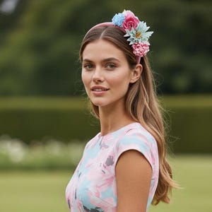 Pink and blue flower fascinator alternative, Races hairpiece, ladies day, wedding guest accessory, mother of the bride, hat alternative