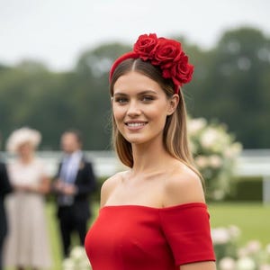 Tocado de rosa de seda roja, tocado para el día de la mujer, tocado para carreras, día de la mujer, sombrero para invitada de boda, madre de la novia, banda floral