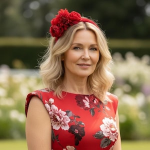 Red fascinator alternative, Races hairpiece, ladies day, wedding guest accessory, mother of the bride, hat alternative, Floral, Flowers