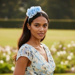 Light blue fascinator with silk flowers, Races hairpiece, ladies day, wedding guest hair accessory, mother of the bride, hatinator, floral