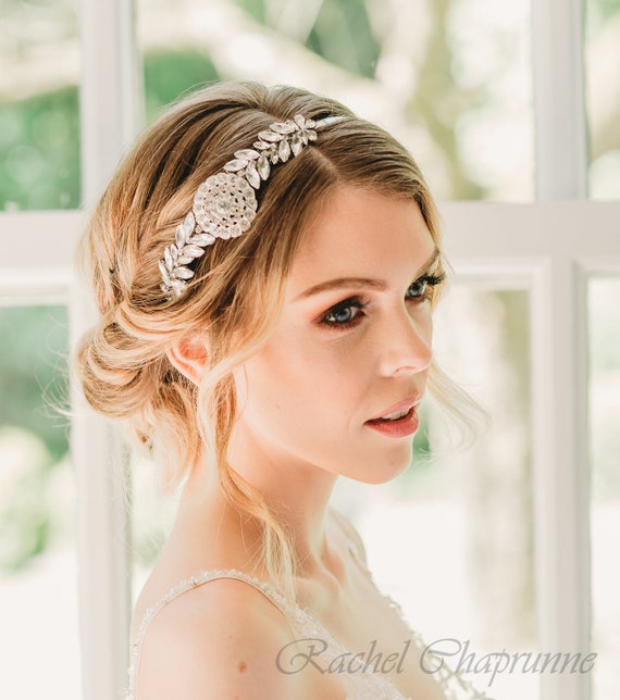 Wedding bridal crystal headpiece headband satin ribbon vintage inspired art deco 