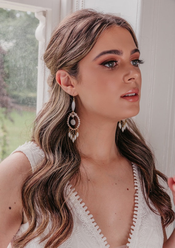 Statement chandelier earrings, Unique boho bridal earrings, Luxury pearl earrings, Gold wedding earrings, Bohemian earrings, dreamcatcher