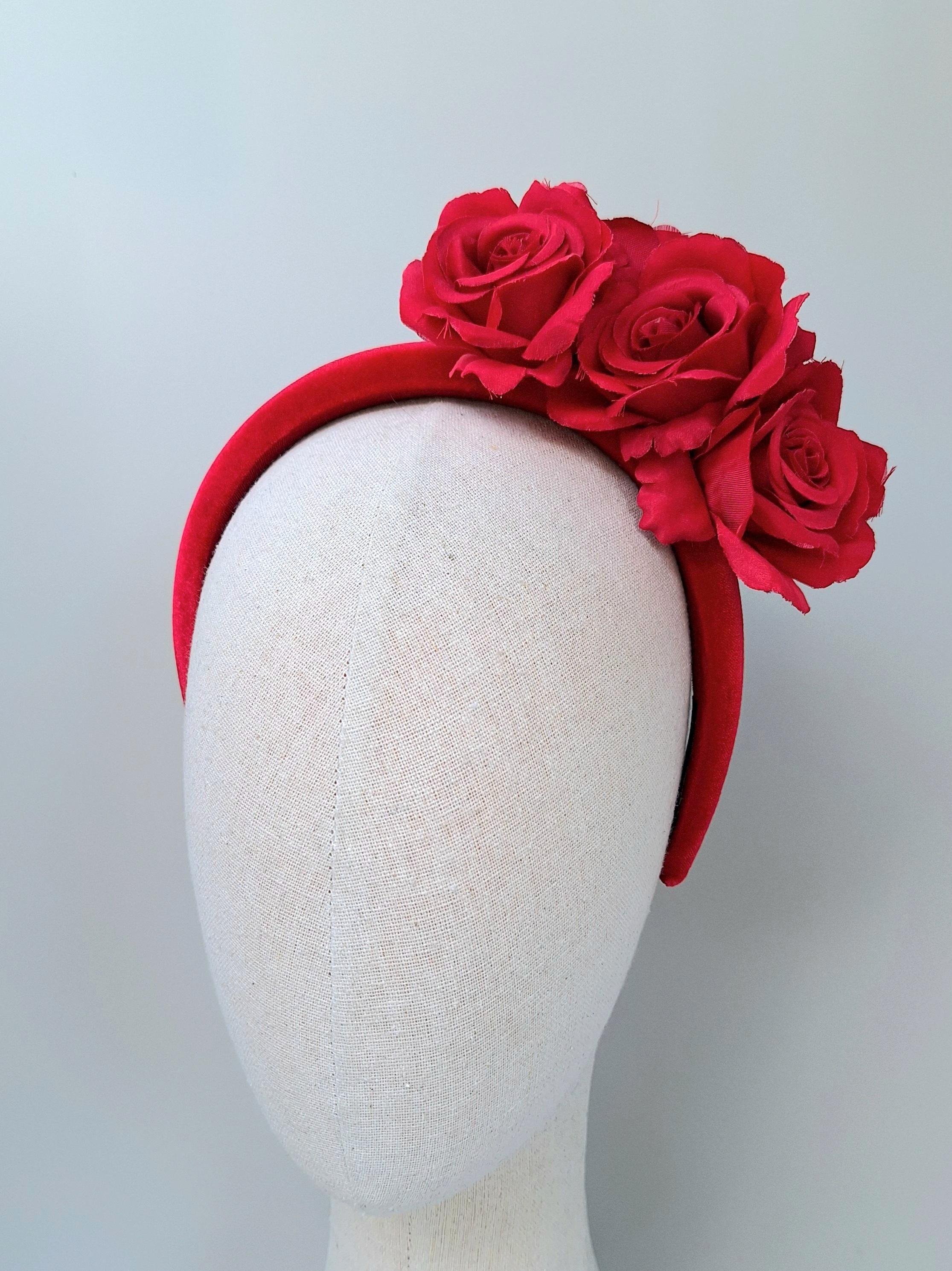 Rose Red Women\'s Floral Fascinator Hat - Elegant Race Day Headpiece Large Red Rose Flower Feather Fascinator Hat Disc Saucer  main image 2
