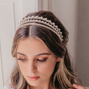 Pearl bridal headpiece, Bridal crown, Unique boho bride, Luxury simple hairpiece, Modern tiara, Romantic up do headband, Rustic elegant image 1