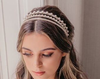 Pearl bridal headpiece, Bridal crown, Unique boho bride, Luxury simple hairpiece, Modern tiara, Romantic up do headband, Rustic elegant