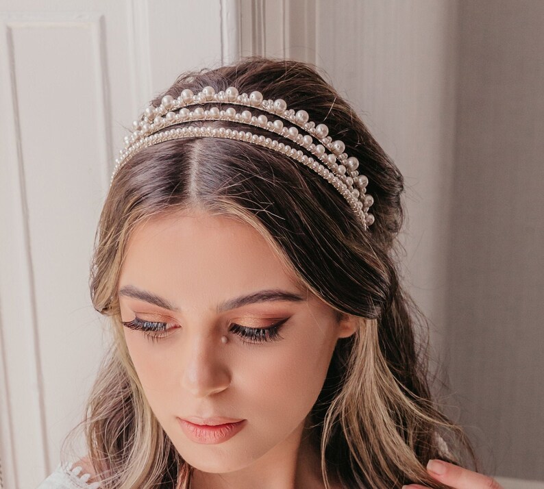 Pearl bridal headpiece, Bridal crown, Unique boho bride, Luxury simple hairpiece, Modern tiara, Romantic up do headband, Rustic elegant image 1