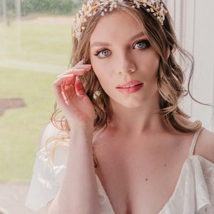 Gold wedding headband, Flower crown, Crystal and freshwater pearl, Boho bridal hair vine, Unique silver halo, Luxury hair accessory, Rustic image 9